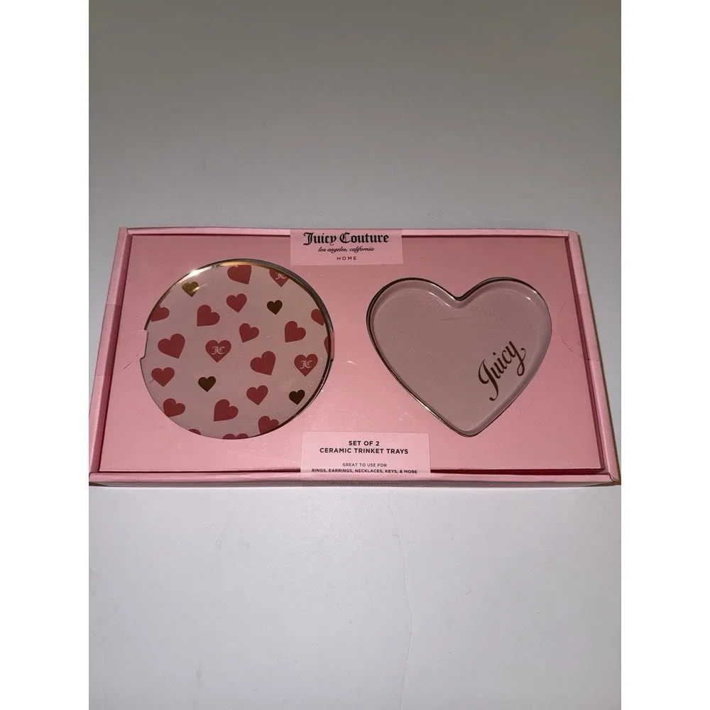 Juicy Couture Heart Trinket Tray Set Pink Jewelry Dish Set of 2 Ceramic NEW